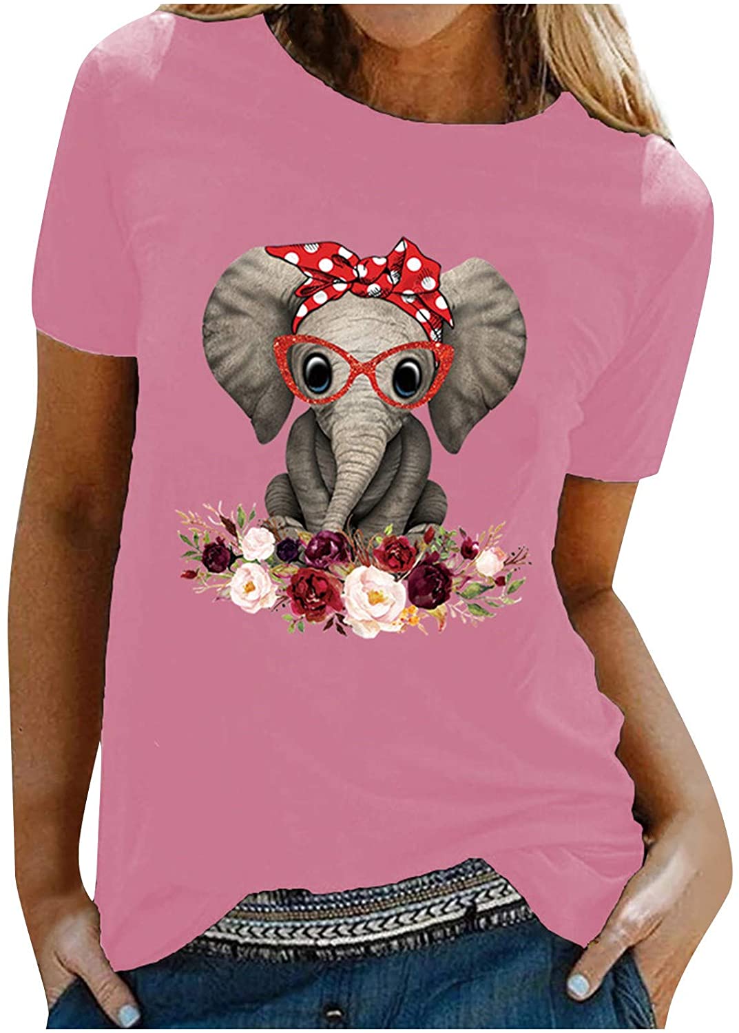 Dosoop Women Graphic Tees Casual Elephant Print Crewneck Short Sleeve T Shirt Shirts Tops Blouse Plu