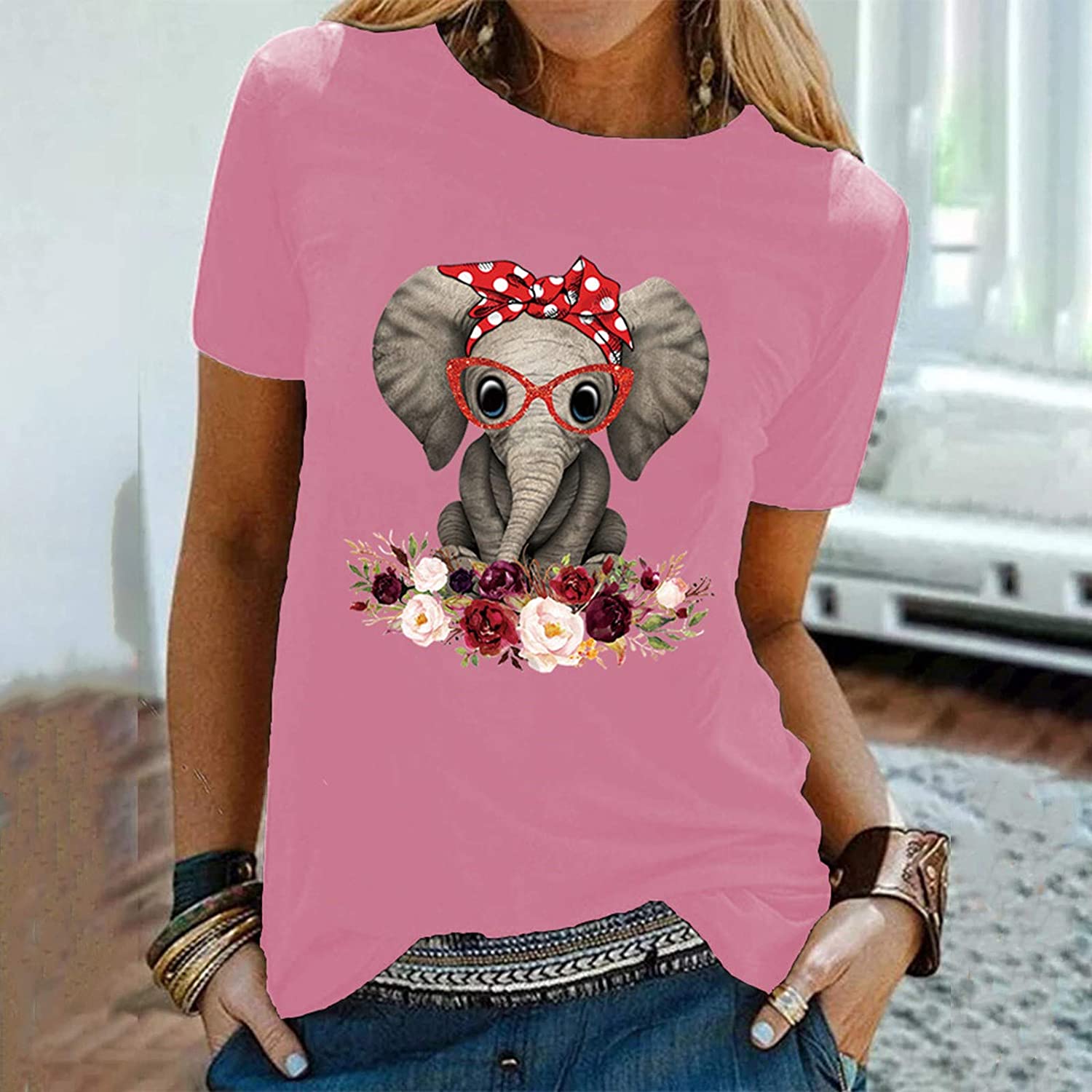 Dosoop Women Graphic Tees Casual Elephant Print Crewneck Short Sleeve T Shirt Shirts Tops Blouse Plu