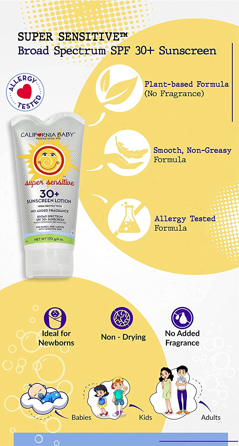 California Baby Super Sensitive Broad Spectrum SPF 30+ Sunscreen - For Babies, Kids & Adults, Free o