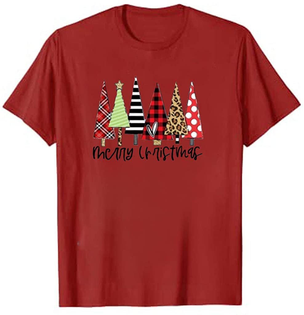 Dosoop Merry Christmas Tree Shirt Women Plaid Leopard Novelty Graphic T-Shirt Casual Short Sleeve To