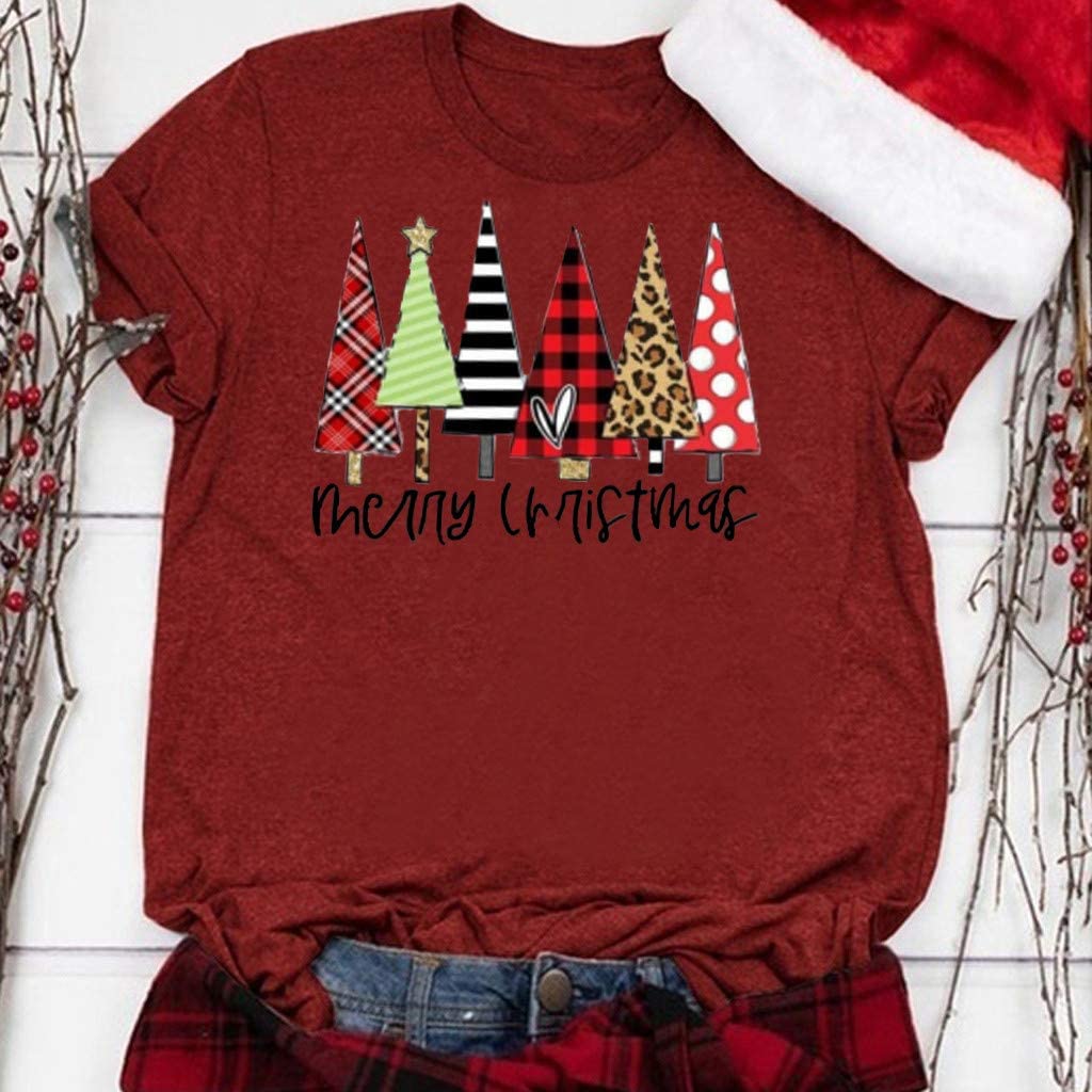 Dosoop Merry Christmas Tree Shirt Women Plaid Leopard Novelty Graphic T-Shirt Casual Short Sleeve To