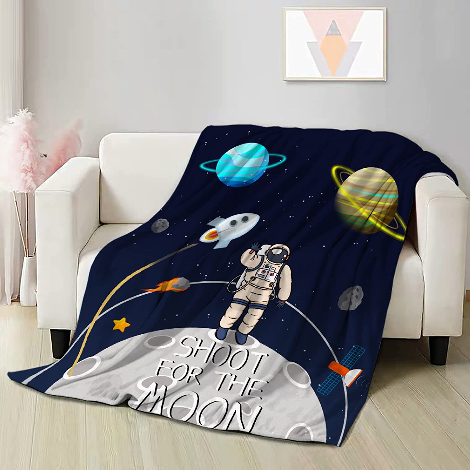Outer Space Rocket Astronaut Fleece Throw Blanket No-Shedding Soft, Warm & Lightweight Perfect for B