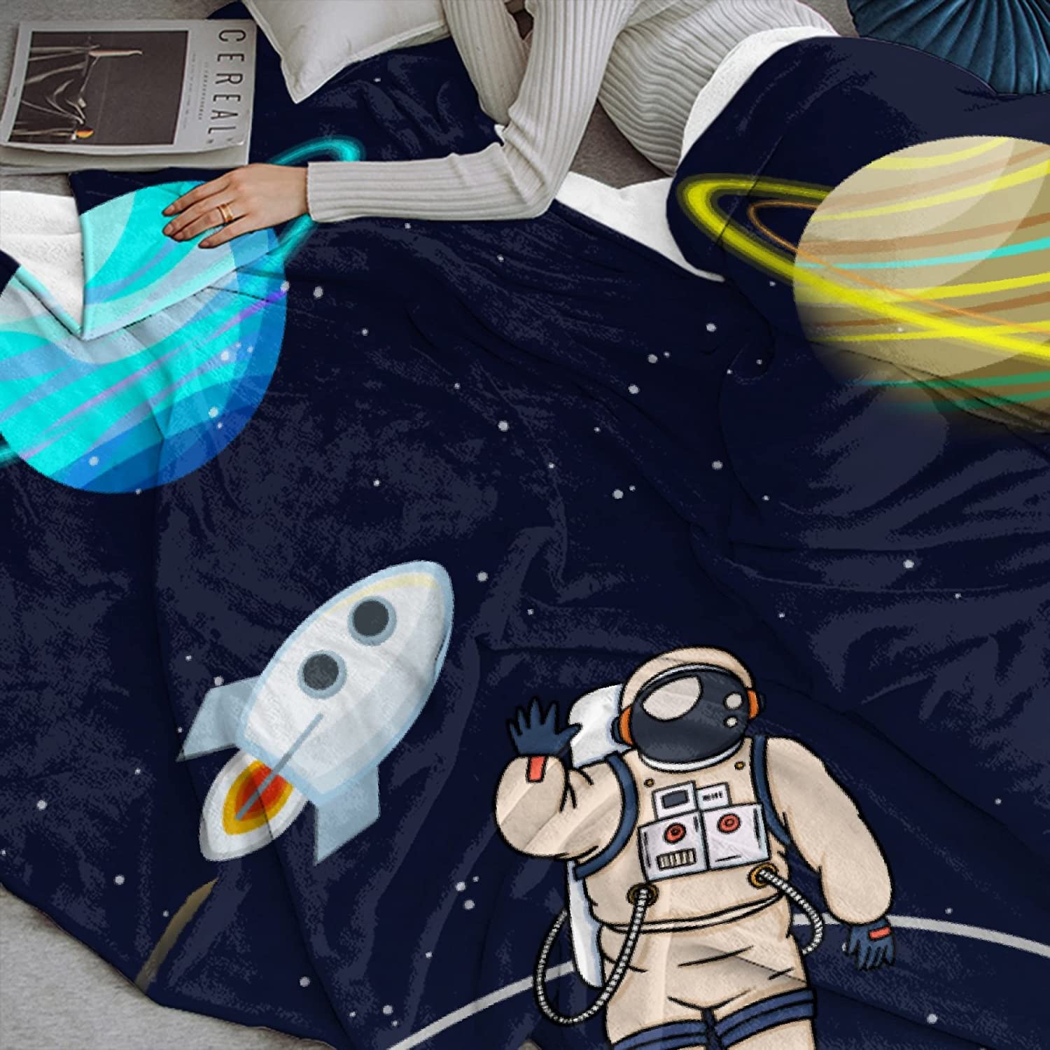 Outer Space Rocket Astronaut Fleece Throw Blanket No-Shedding Soft, Warm & Lightweight Perfect for B