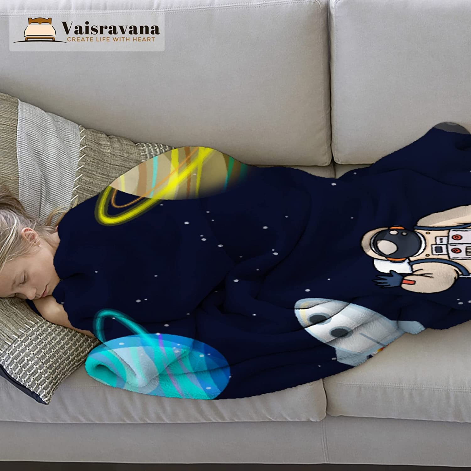 Outer Space Rocket Astronaut Fleece Throw Blanket No-Shedding Soft, Warm & Lightweight Perfect for B