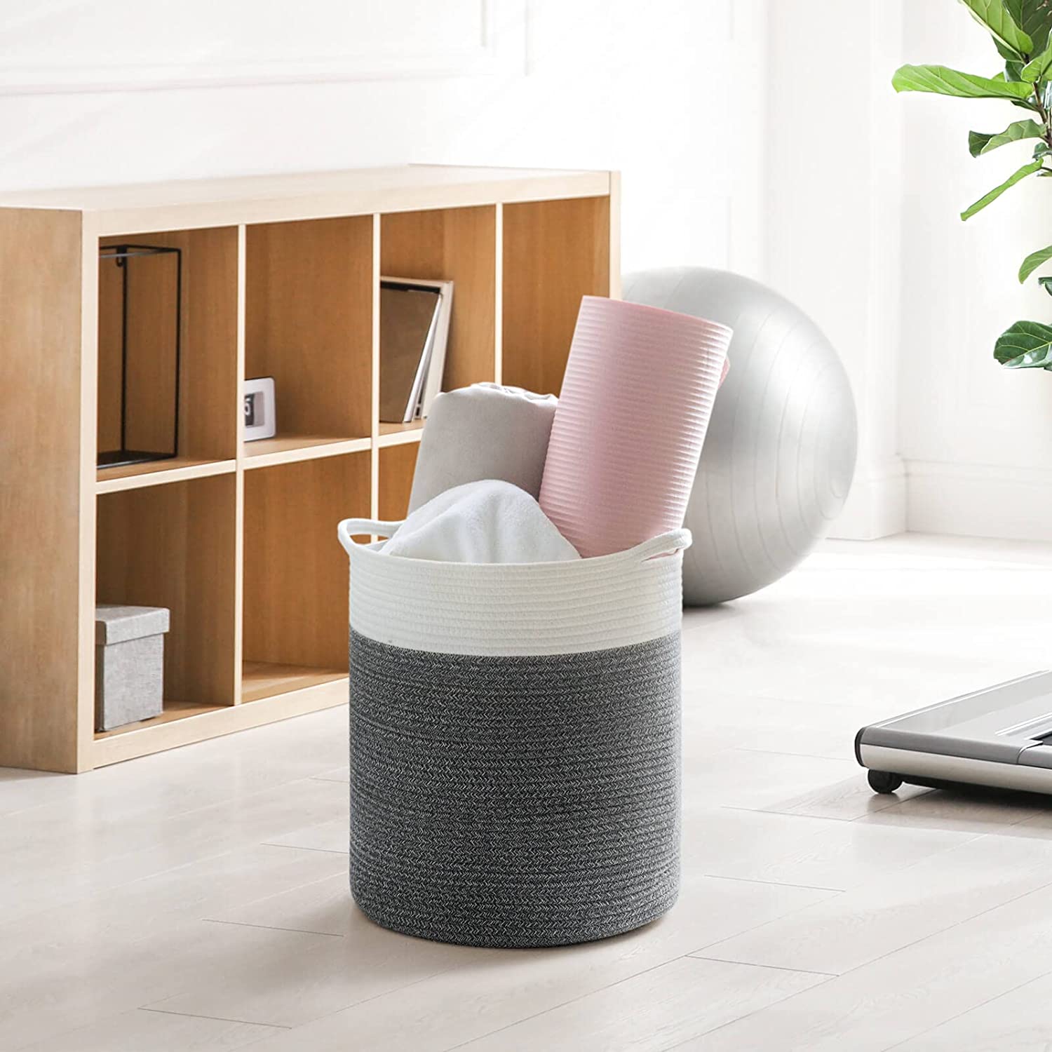 INDRESSME Cotton Rope Basket for Yoga Mat, Baby Laundry Basket for Toy, Towel, Clothes, Blankets, Wo