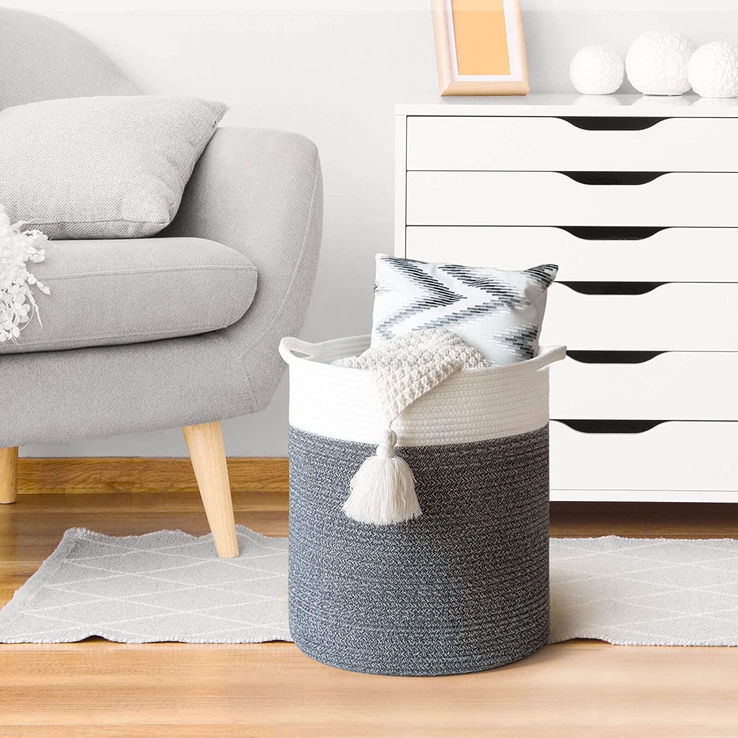 INDRESSME Cotton Rope Basket for Yoga Mat, Baby Laundry Basket for Toy, Towel, Clothes, Blankets, Wo