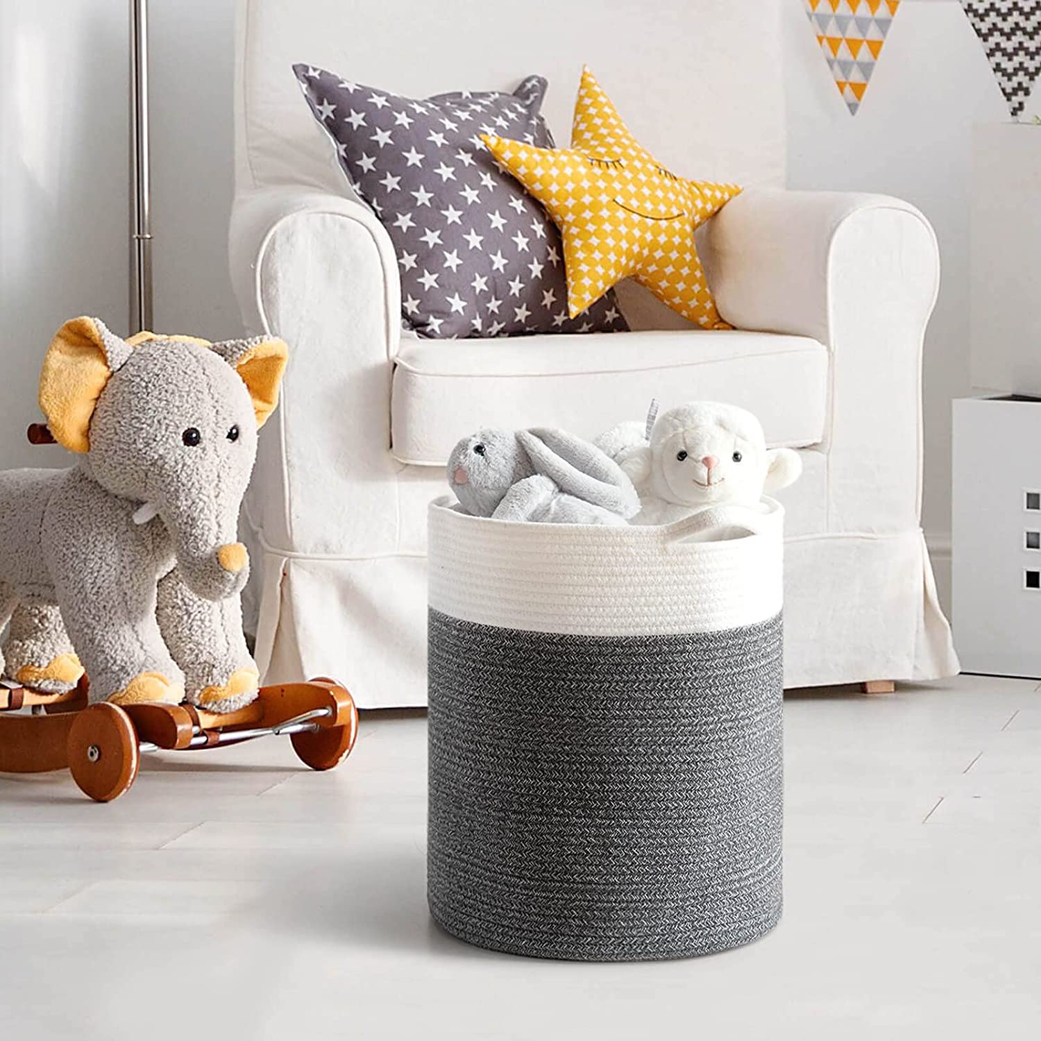 INDRESSME Cotton Rope Basket for Yoga Mat, Baby Laundry Basket for Toy, Towel, Clothes, Blankets, Wo