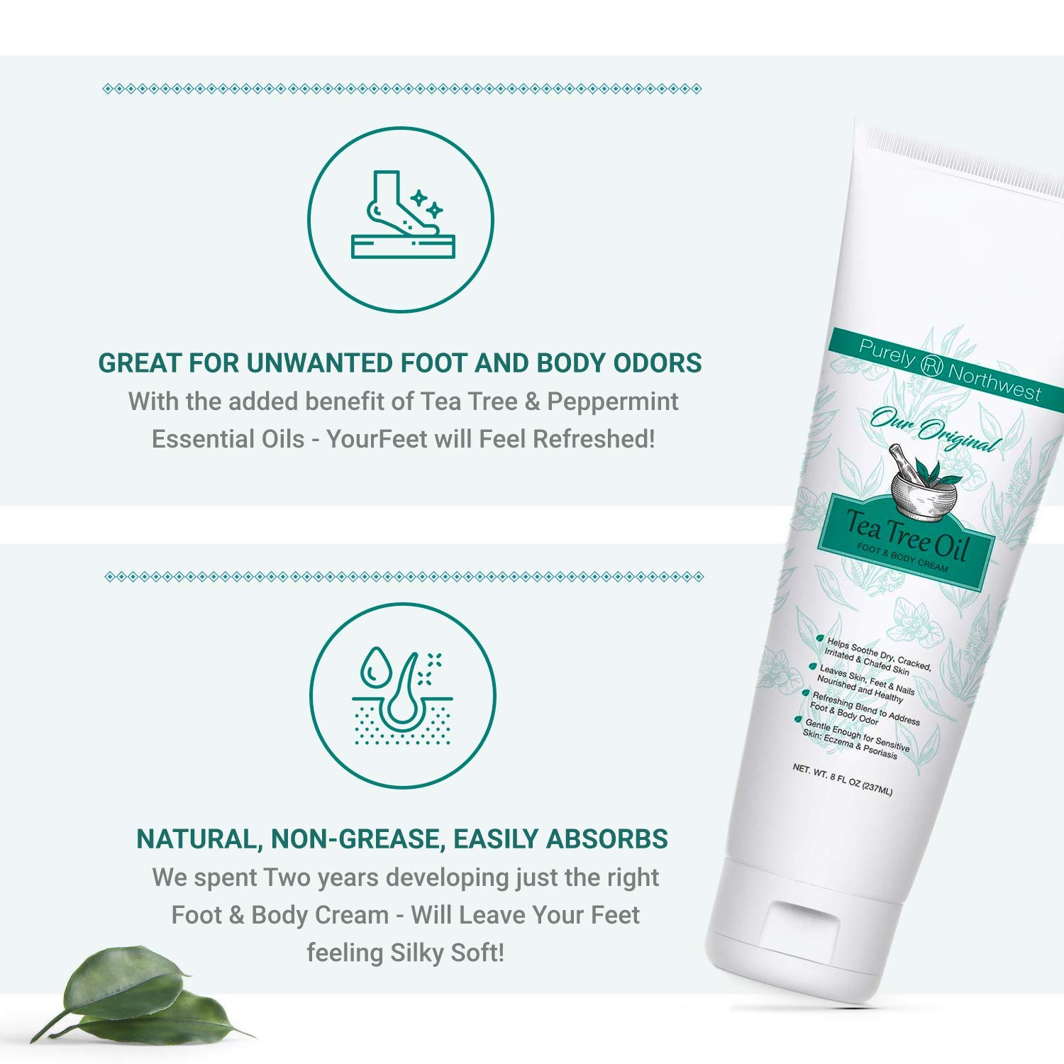 Extra-Strength Tea Tree Foot & Body Cream by Purely Northwest-for Sweat Prone Areas, Soothes Itchy C