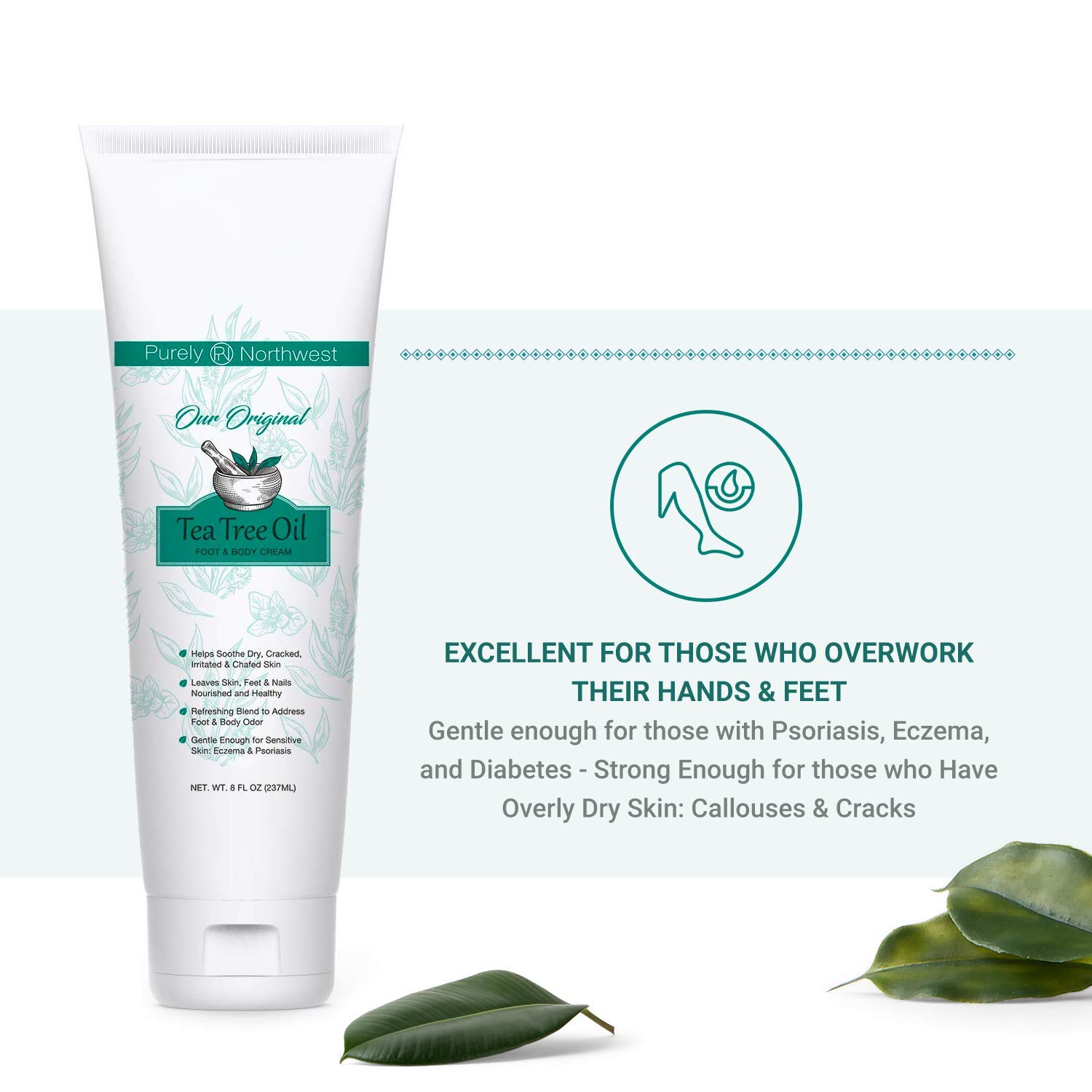 Extra-Strength Tea Tree Foot & Body Cream by Purely Northwest-for Sweat Prone Areas, Soothes Itchy C