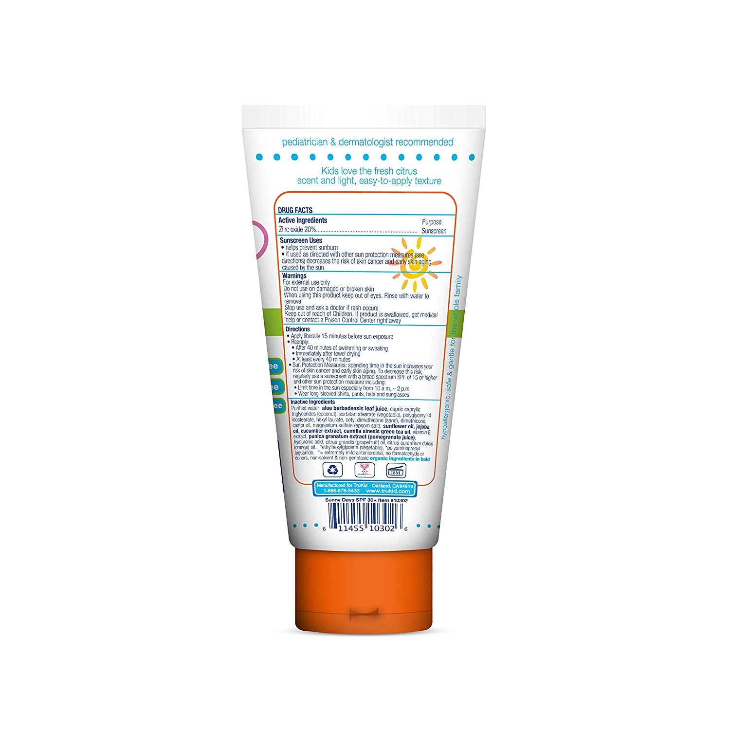 TruKid Sunny Days Daily SPF 30 UVA/UVB Protection Sunscreen for Baby, Mineral Based Sun Body and Fac
