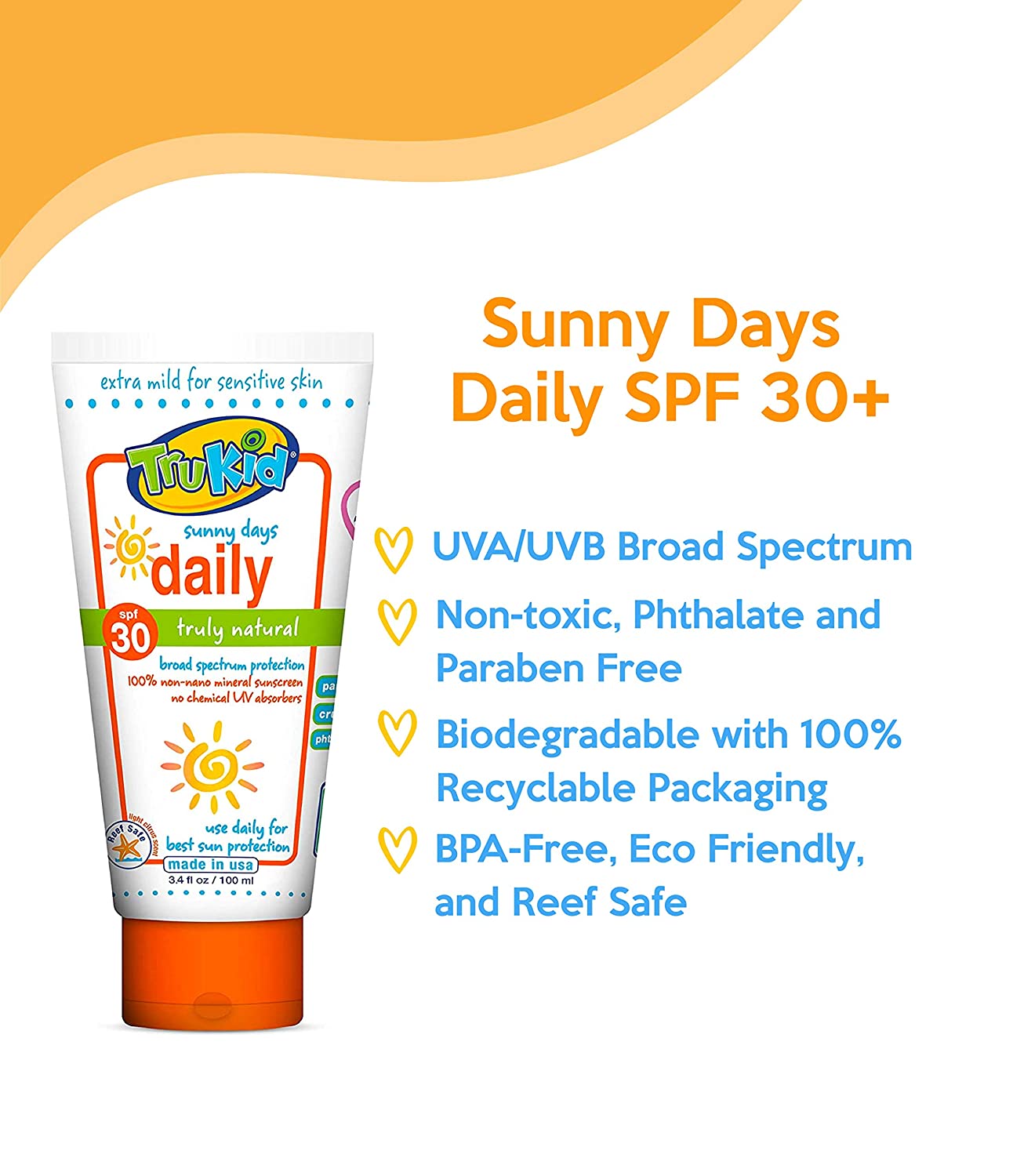 TruKid Sunny Days Daily SPF 30 UVA/UVB Protection Sunscreen for Baby, Mineral Based Sun Body and Fac