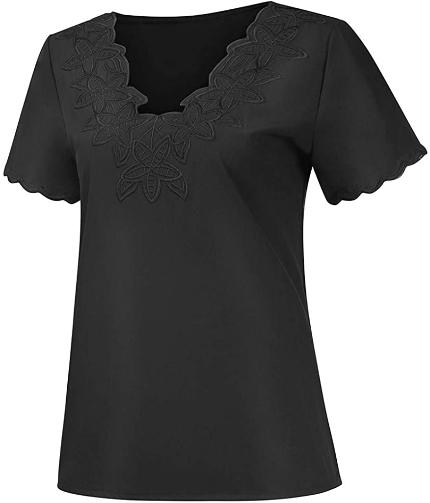 Dosoop Women Casual Solid Color Short Sleeve Summer Casual Embroidered V Neck T-Shirt Blouse Tops Te