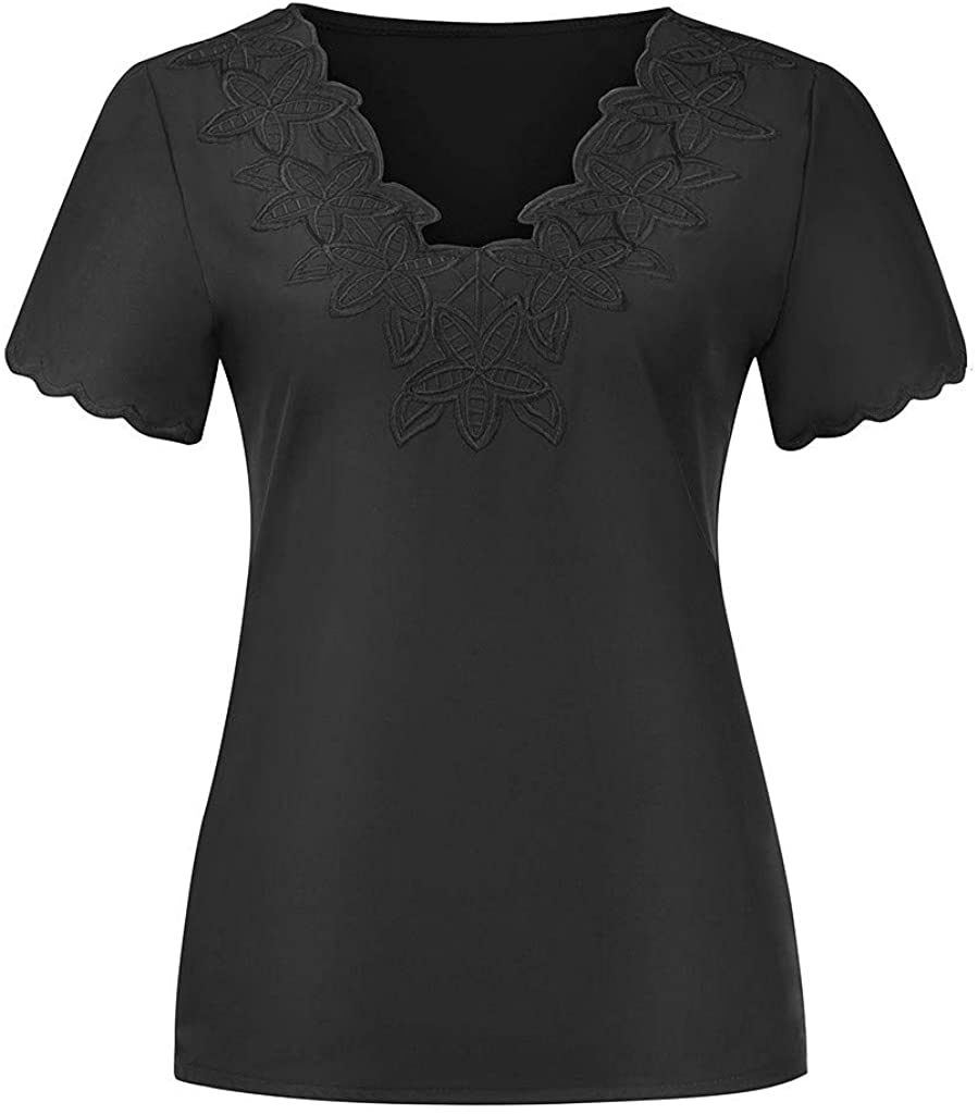 Dosoop Women Casual Solid Color Short Sleeve Summer Casual Embroidered V Neck T-Shirt Blouse Tops Te