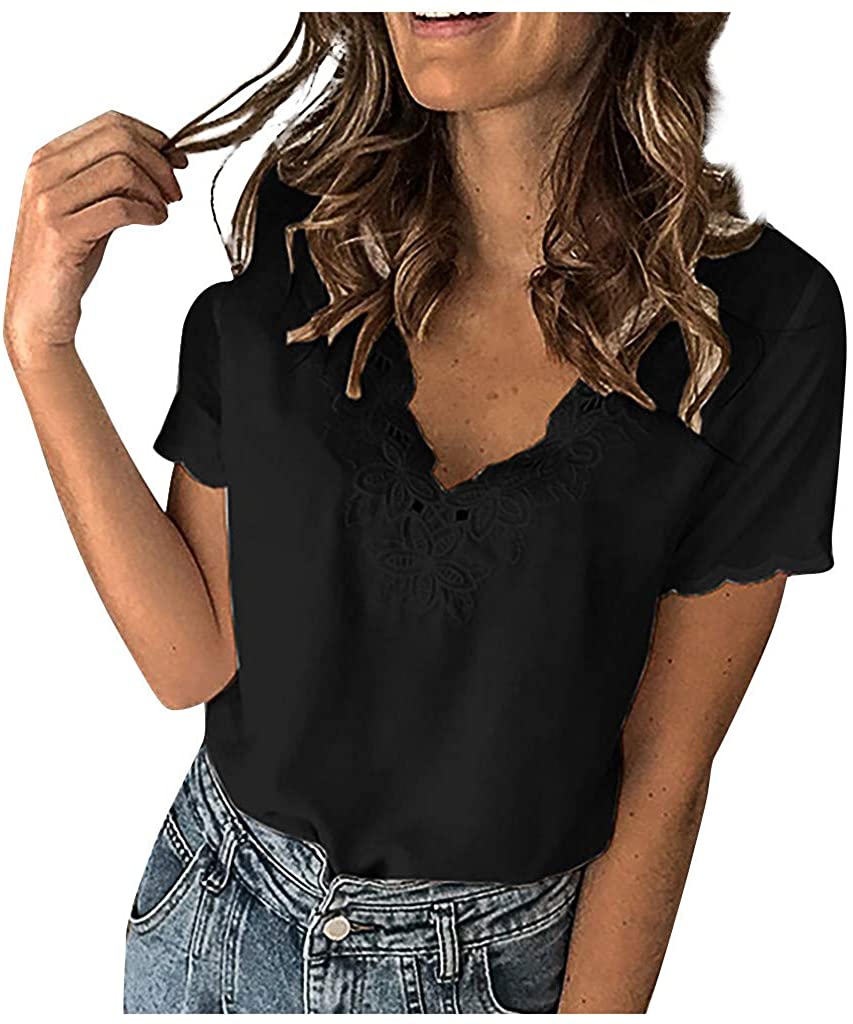 Dosoop Women Casual Solid Color Short Sleeve Summer Casual Embroidered V Neck T-Shirt Blouse Tops Te