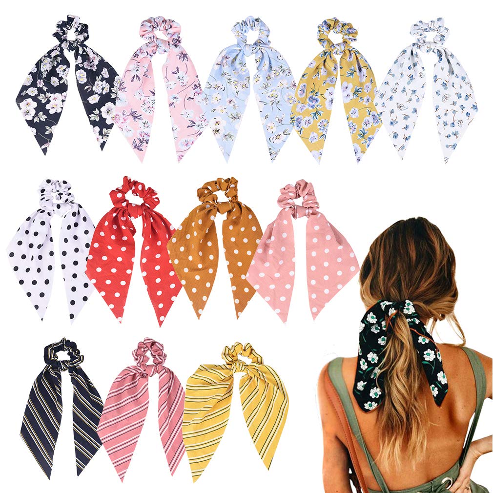 12 Pcs Hair Scarf Hair Scrunchies Chiffon Floral Scrunchie Hair Bands Ponytail Holder Scrunchy Ties 