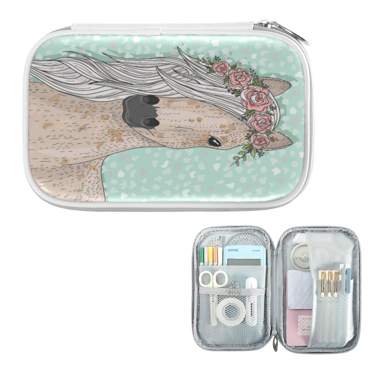 ZZKKO Animal Floral Horse Pencil Bag Case Zipper Pencil Holder Organizer Stationary Pen Bag Cosmetic