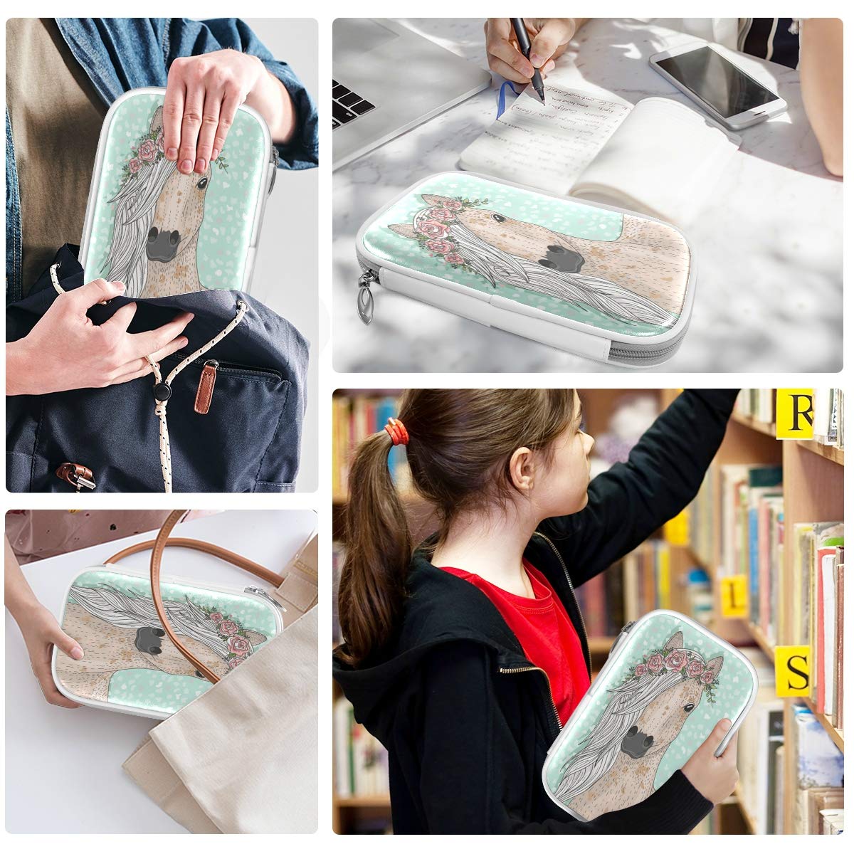 ZZKKO Animal Floral Horse Pencil Bag Case Zipper Pencil Holder Organizer Stationary Pen Bag Cosmetic