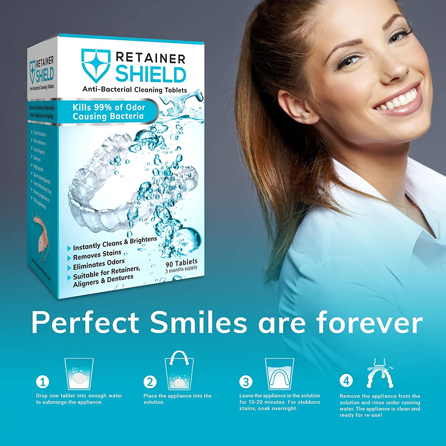 Retainer Shield Cleaning Tablets - Keeps Retainers Clean, Fresh, Bright, and Stain-Free - 3 Months S