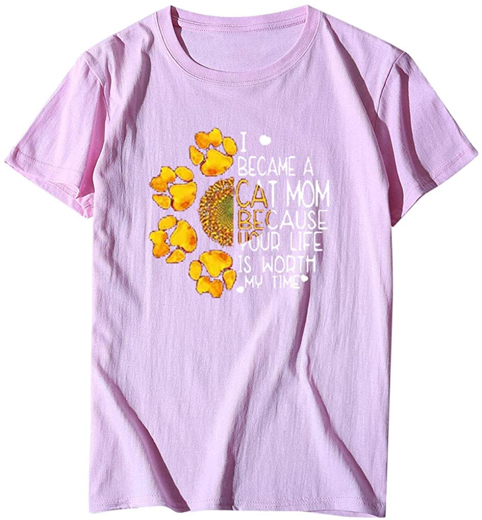 Dosoop Women Sunflower Letter Printed Short Sleeve Shirt Crew Neck Plus Size Casual Tops Graphic Blo