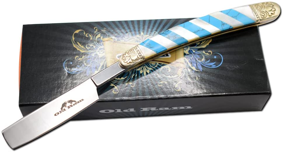 Old Ram Collection Barber Straight Razor Style Manual Folding Knife.. (Blue)
