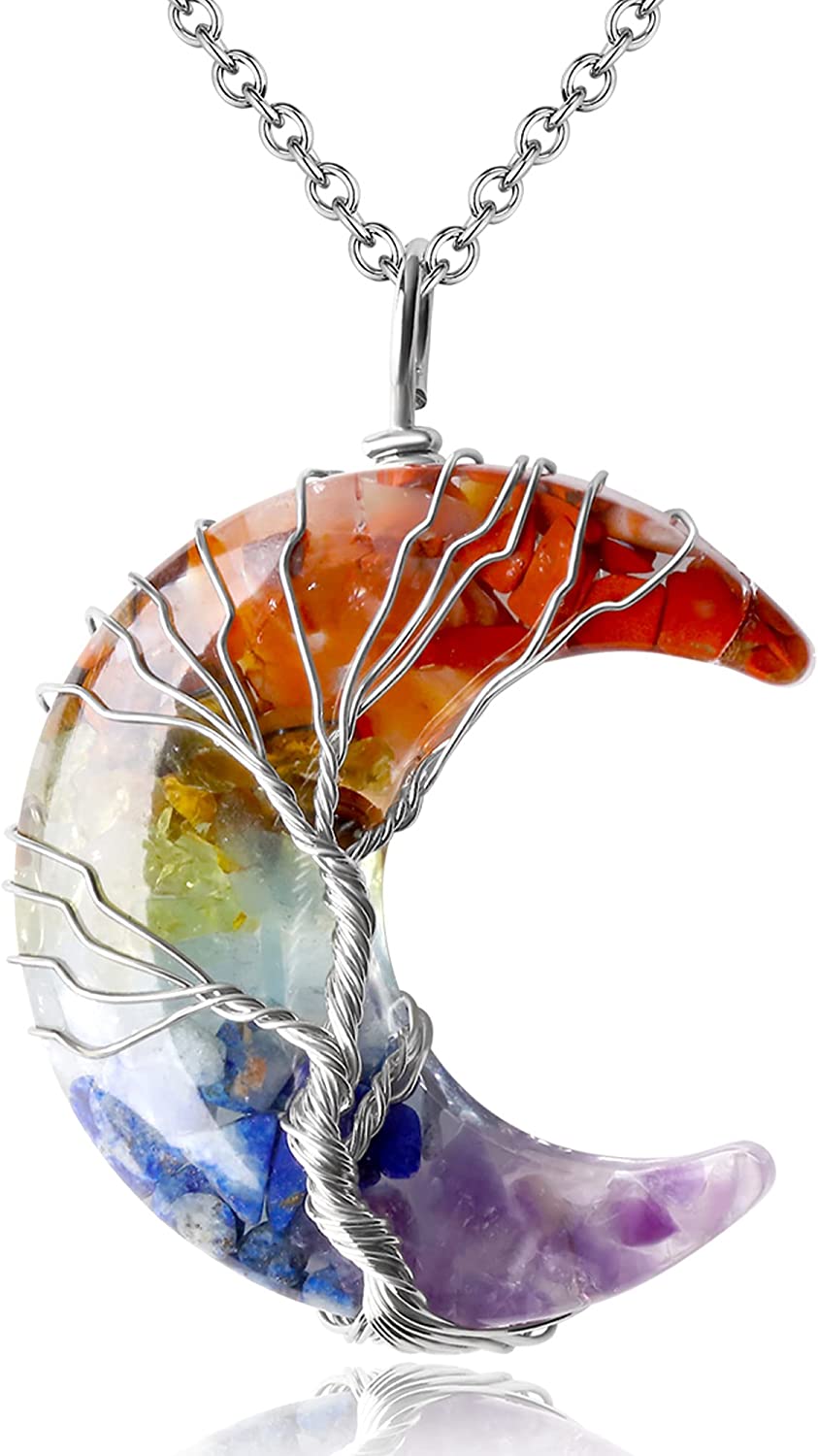 MAIBAOTA 7 Chakra Healing Crystal Necklace Tree Life Wire Wrapped Crescent Moon Stone Pendant Neckla