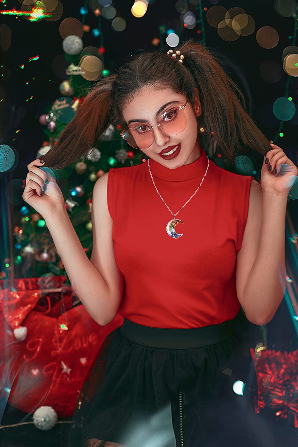 MAIBAOTA 7 Chakra Healing Crystal Necklace Tree Life Wire Wrapped Crescent Moon Stone Pendant Neckla