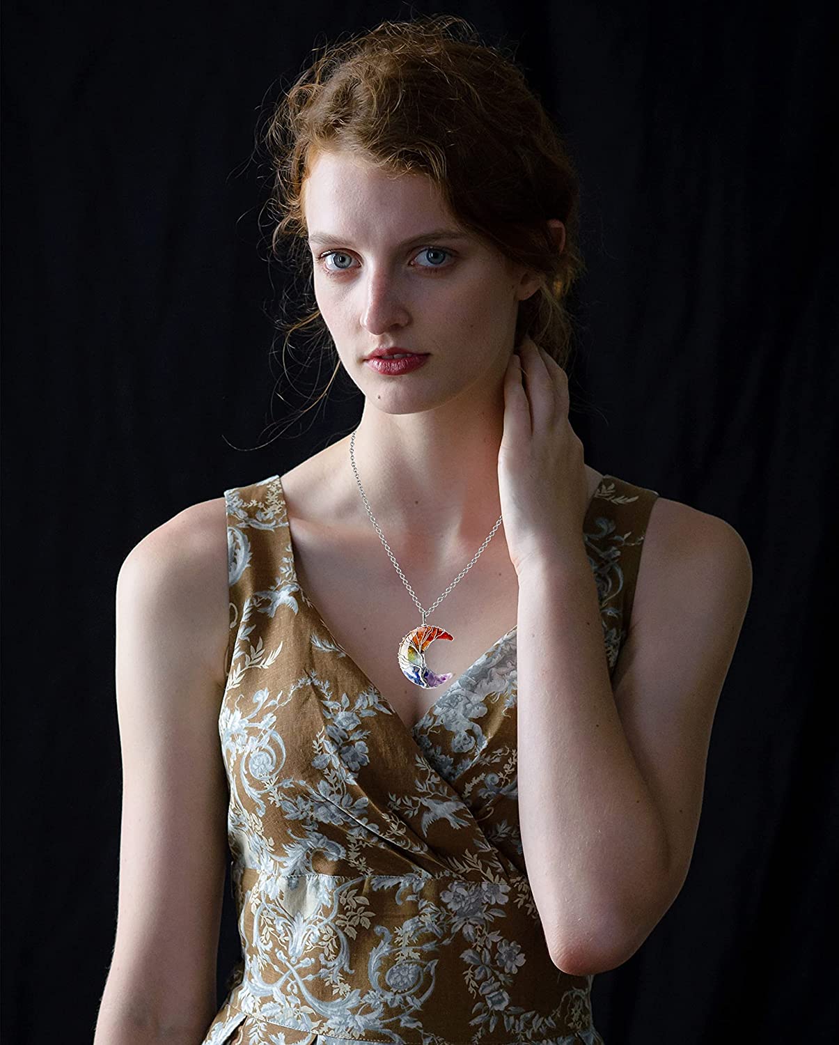 MAIBAOTA 7 Chakra Healing Crystal Necklace Tree Life Wire Wrapped Crescent Moon Stone Pendant Neckla