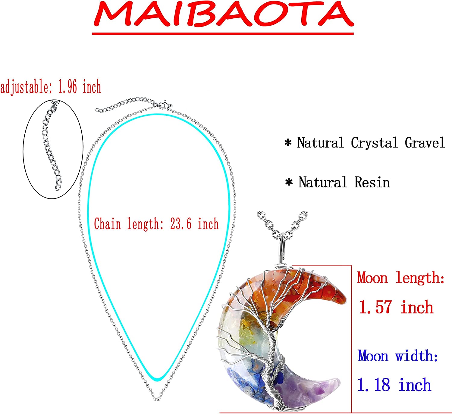 MAIBAOTA 7 Chakra Healing Crystal Necklace Tree Life Wire Wrapped Crescent Moon Stone Pendant Neckla