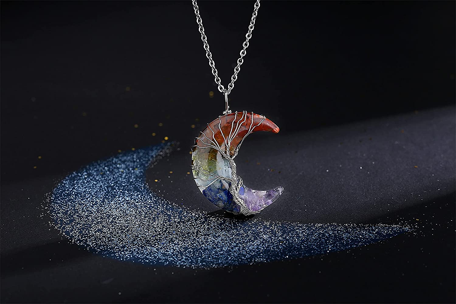 MAIBAOTA 7 Chakra Healing Crystal Necklace Tree Life Wire Wrapped Crescent Moon Stone Pendant Neckla