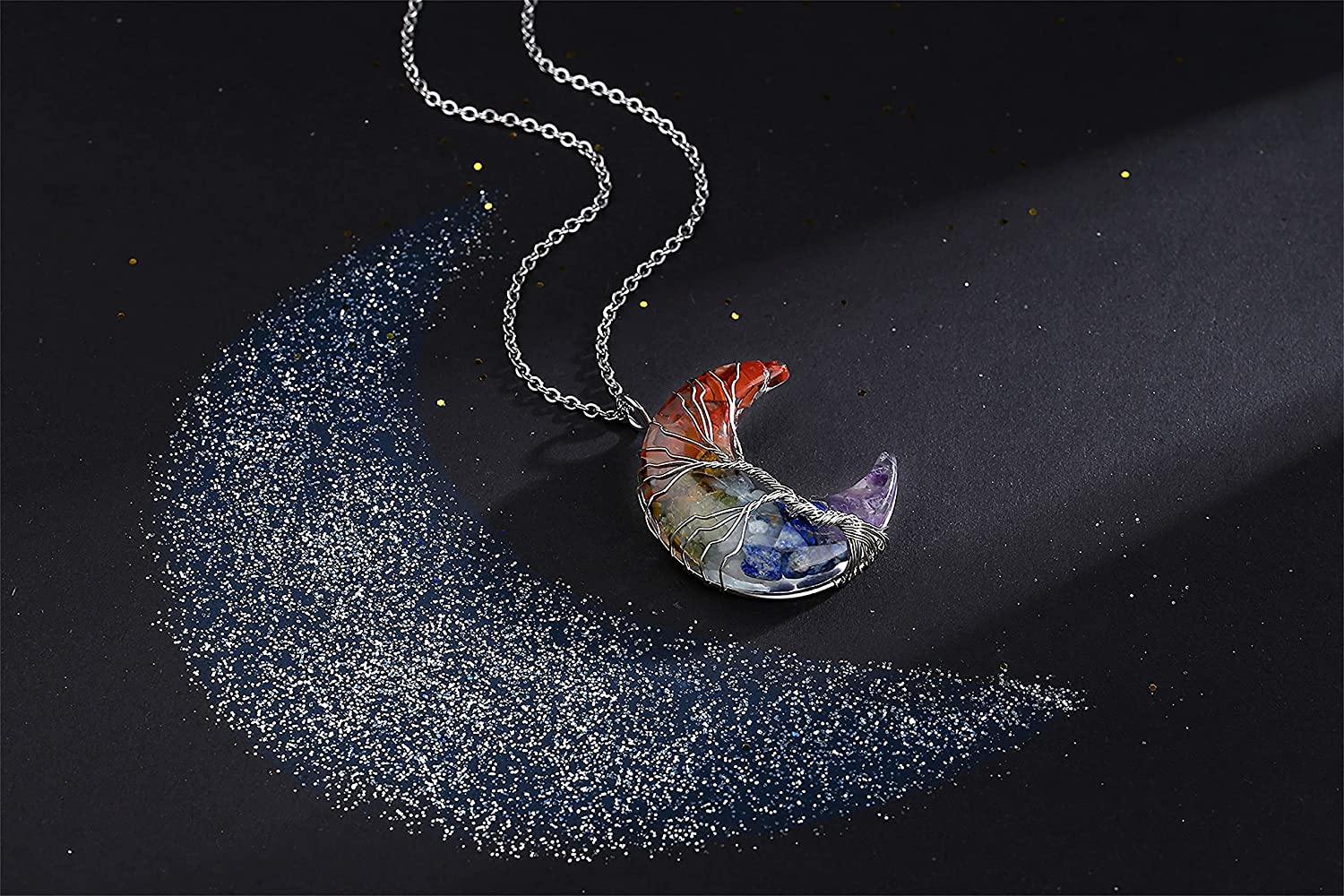 MAIBAOTA 7 Chakra Healing Crystal Necklace Tree Life Wire Wrapped Crescent Moon Stone Pendant Neckla