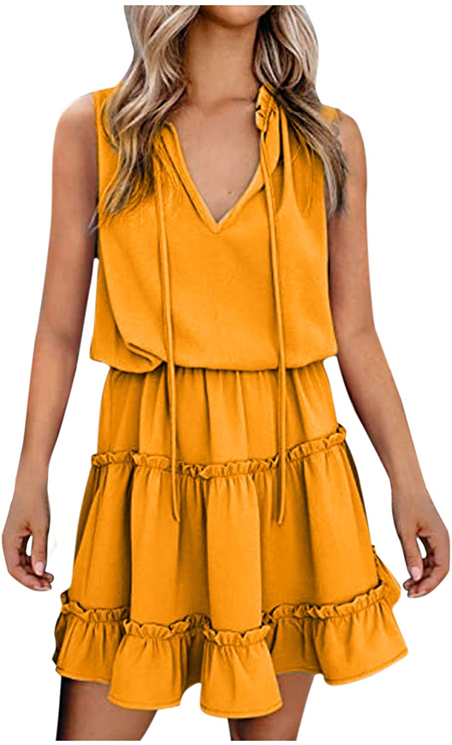 Womens Mini Dresses, Sleeveless Casual V Neck Simple Pure Color Cake Dress Loose Ruffled A-line Dres