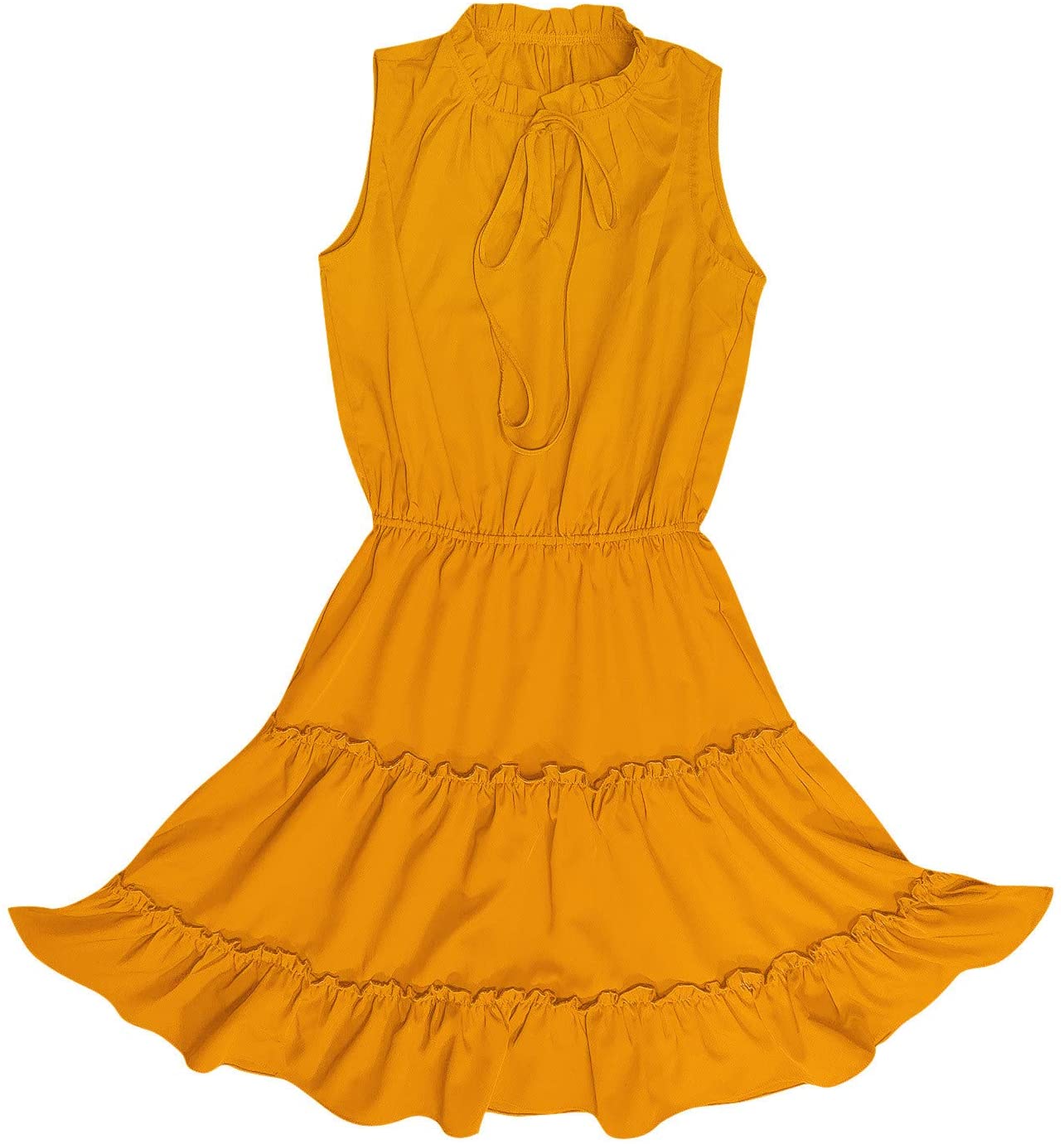 Womens Mini Dresses, Sleeveless Casual V Neck Simple Pure Color Cake Dress Loose Ruffled A-line Dres