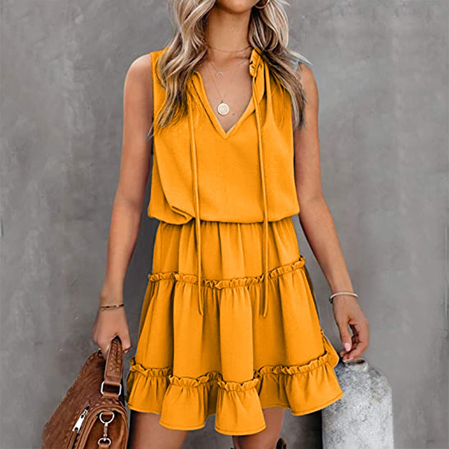 Womens Mini Dresses, Sleeveless Casual V Neck Simple Pure Color Cake Dress Loose Ruffled A-line Dres