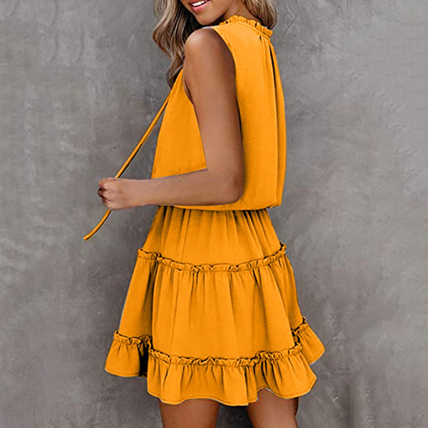 Womens Mini Dresses, Sleeveless Casual V Neck Simple Pure Color Cake Dress Loose Ruffled A-line Dres