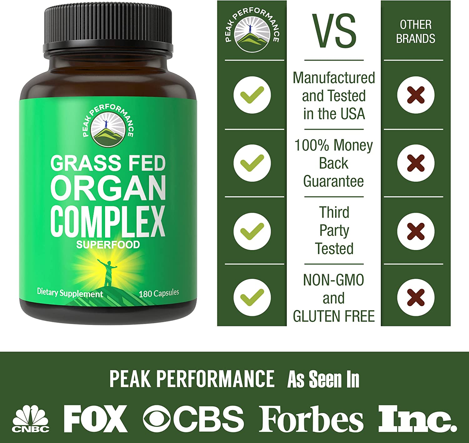 Grass Fed Beef Organ Complex (180 Capsules) by Peak Performance