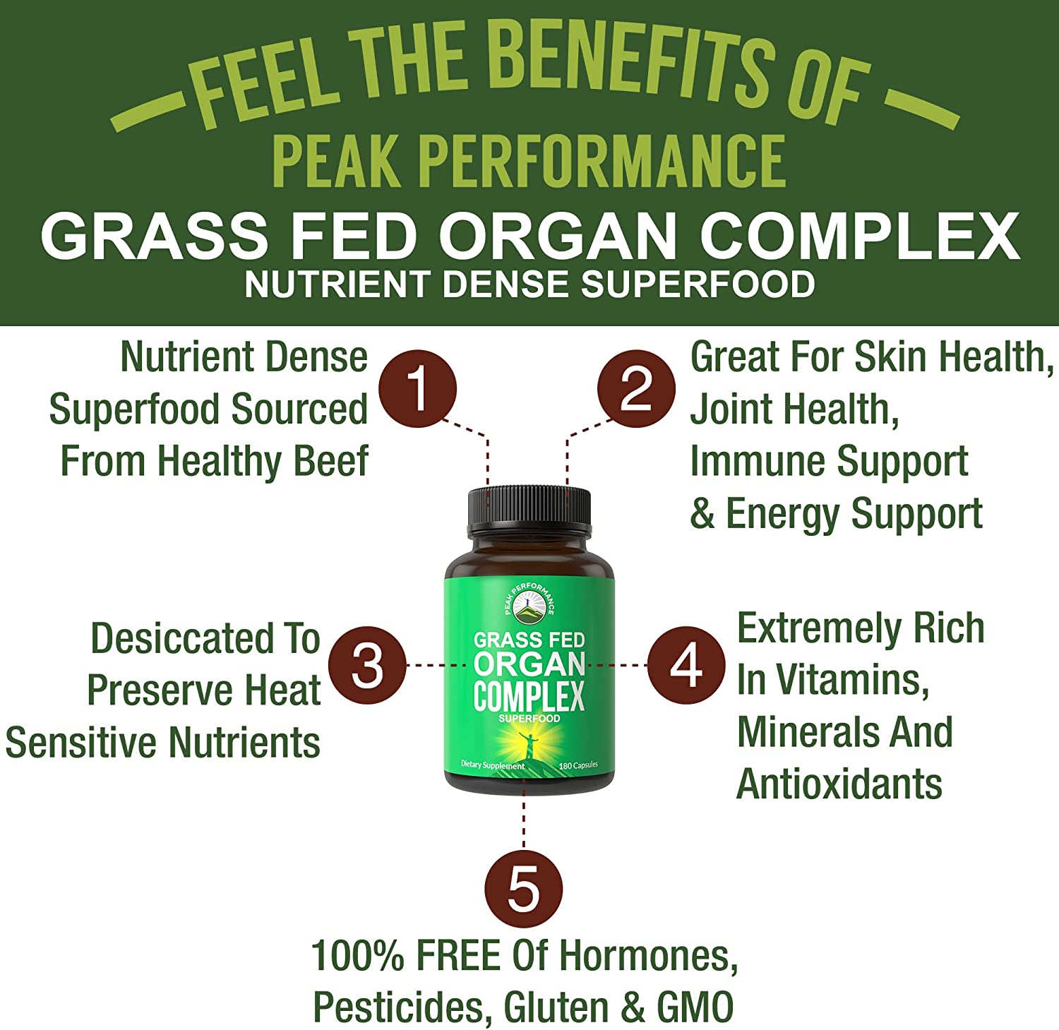Grass Fed Beef Organ Complex (180 Capsules) by Peak Performance