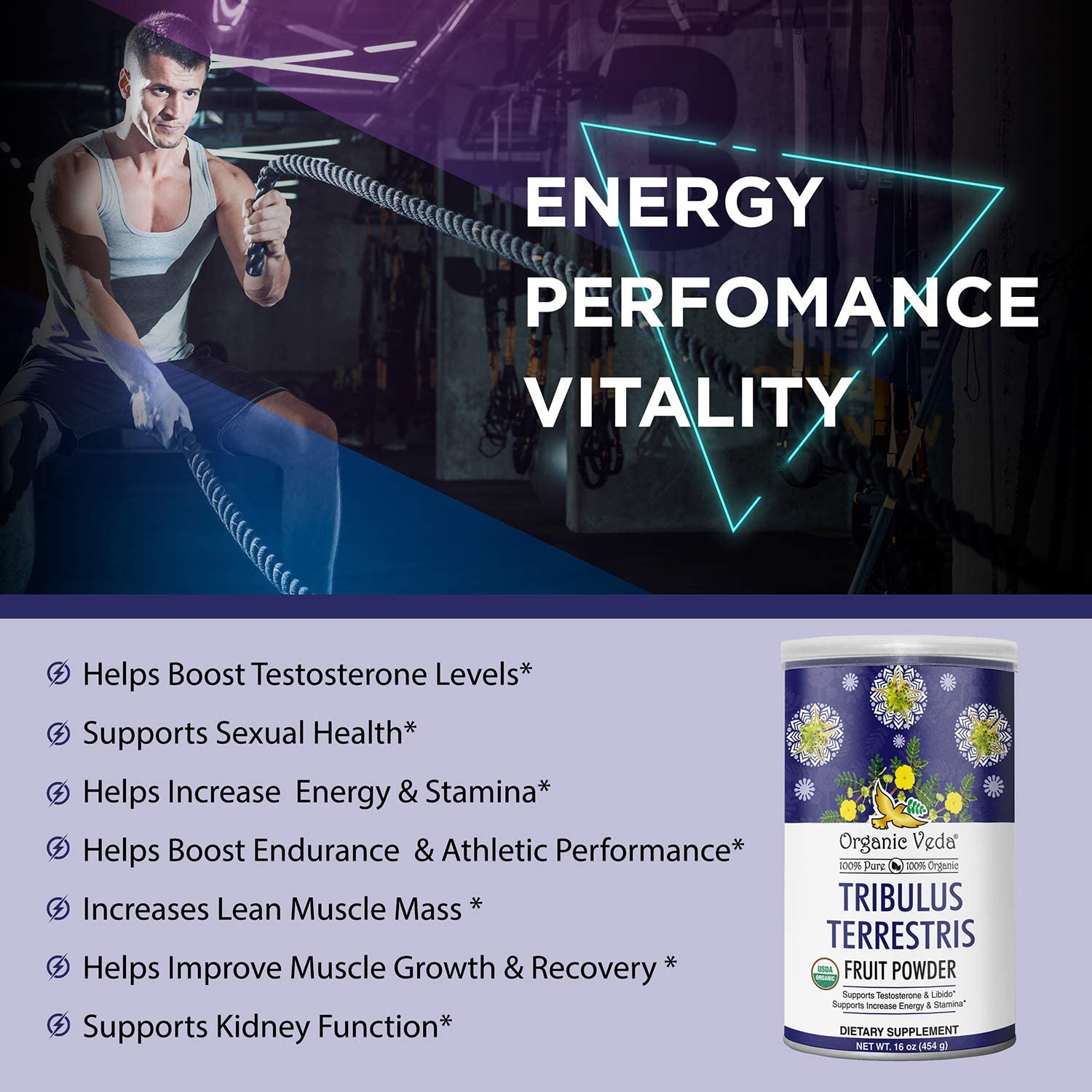 Organic Veda Tribulus Terrestris Powder - USDA Certified, Non-GMO Organic Testosterone Booster Powde