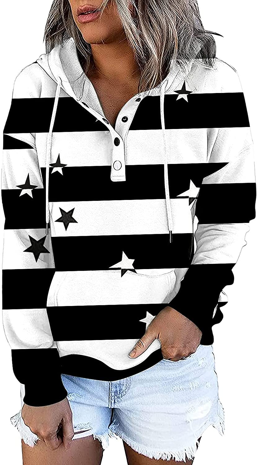 Sweatshirt for Women,Womens Tops Fashion Buttons Pullover Hoodie Autumn Pockets Star Print Long Slee
