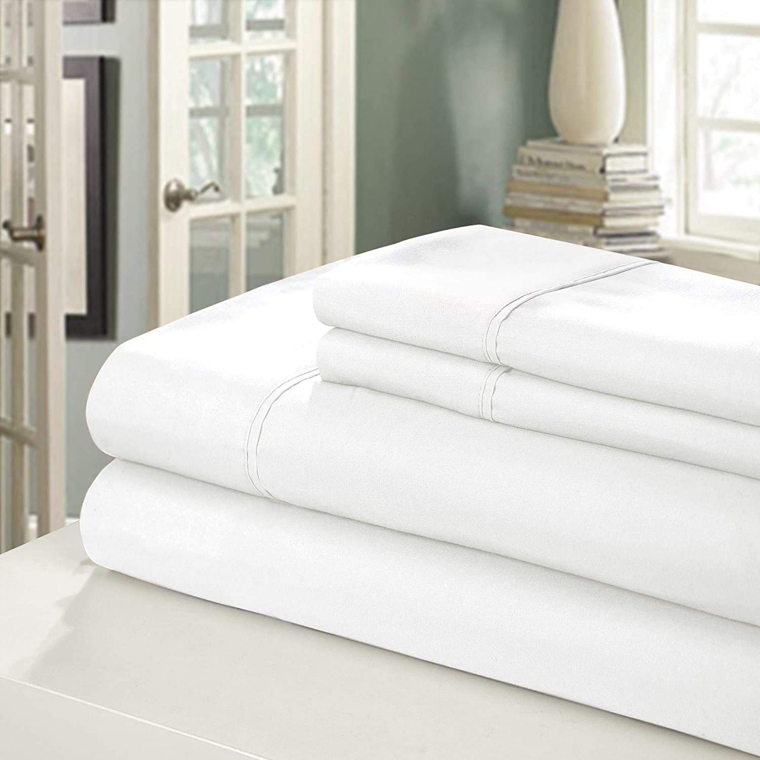 100% Cotton Sheet Set King-Bright White Sheet Sets King Size-300 Thread Count Sheets King-Long Stapl