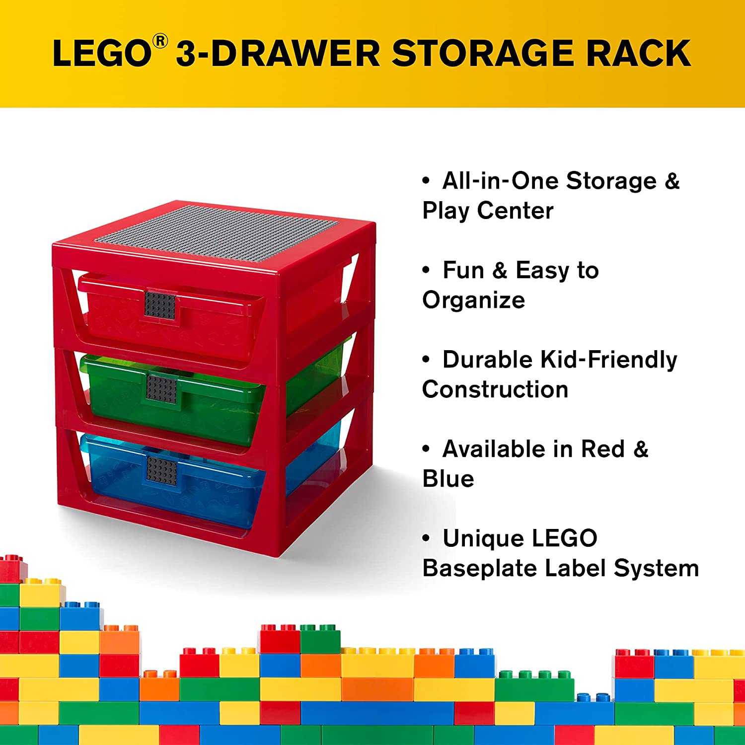 Lego 3-Drawer Storage Rack System, 13-2/3 x 12-3/4 x 15 Inches, Red