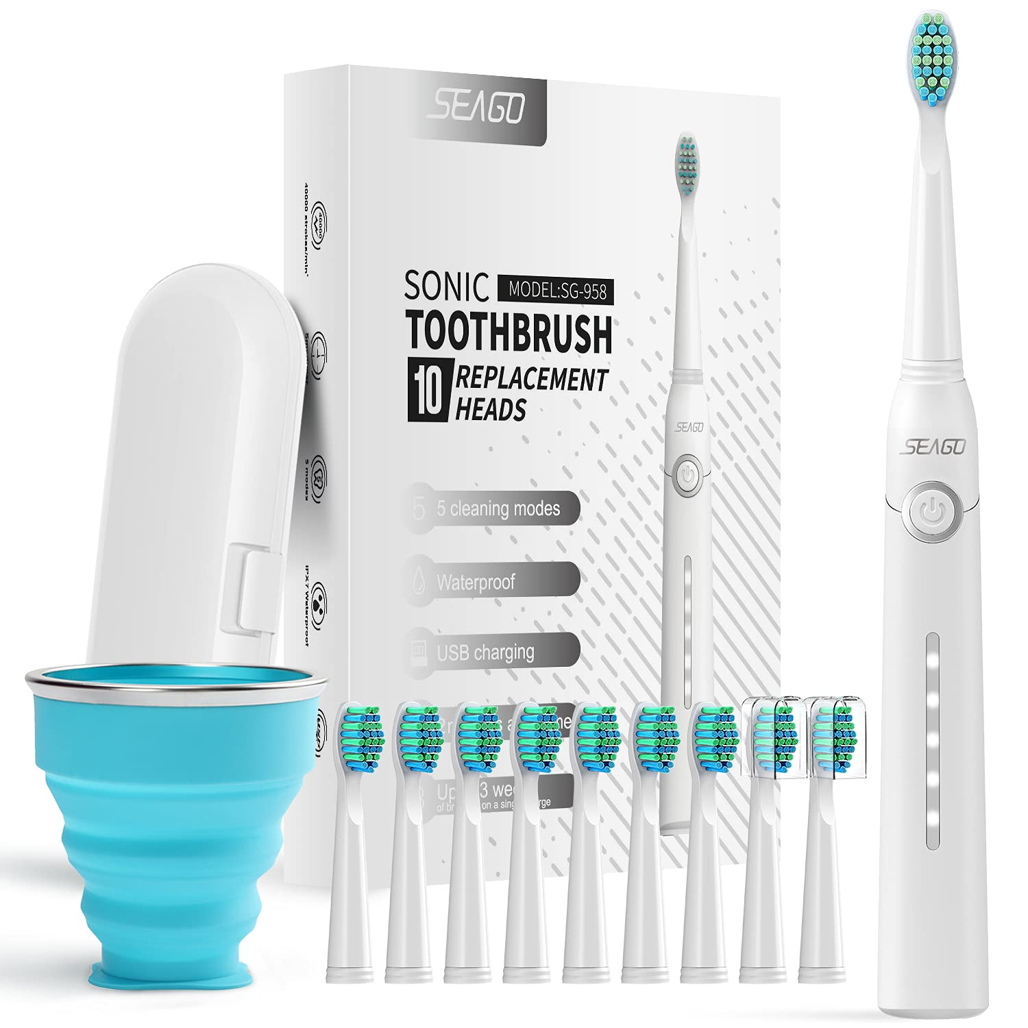 Seago Sonic Electric Toothbrush for Adults and Kids, 10 Dupont Brush Heads Travel Case Included and