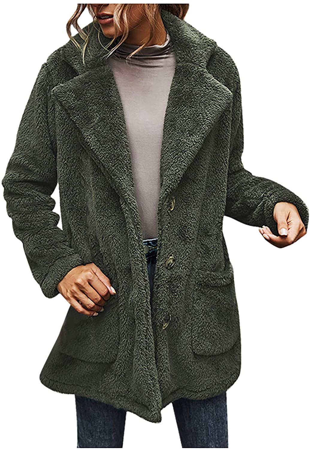 Dosoop Women Solid Color Fleece Long Sleeve Sweatshirt Fleece Pullover Outwear Cardigan Button Keep