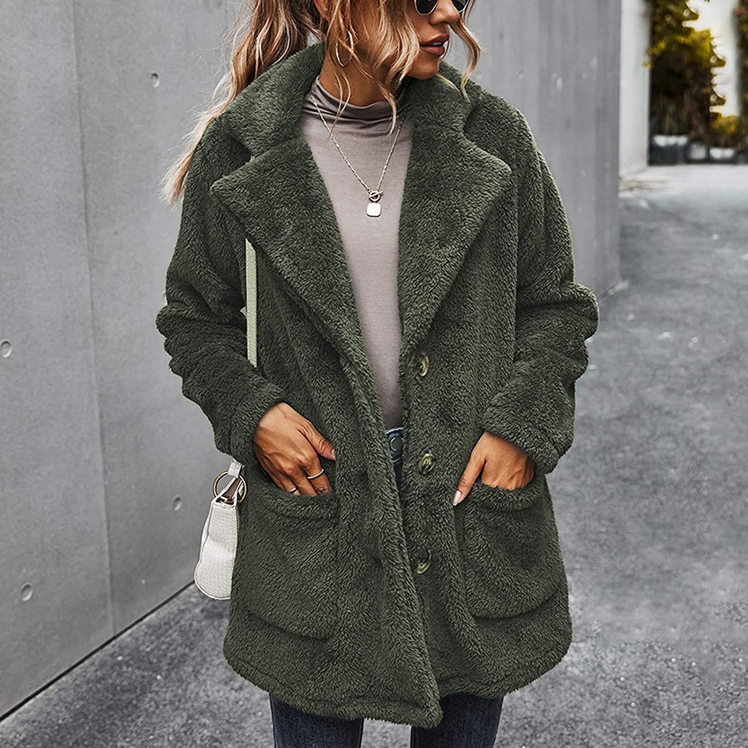 Dosoop Women Solid Color Fleece Long Sleeve Sweatshirt Fleece Pullover Outwear Cardigan Button Keep