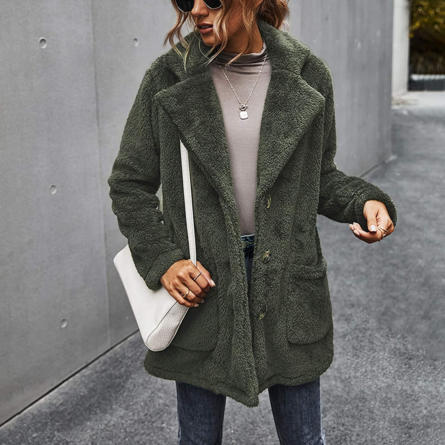 Dosoop Women Solid Color Fleece Long Sleeve Sweatshirt Fleece Pullover Outwear Cardigan Button Keep