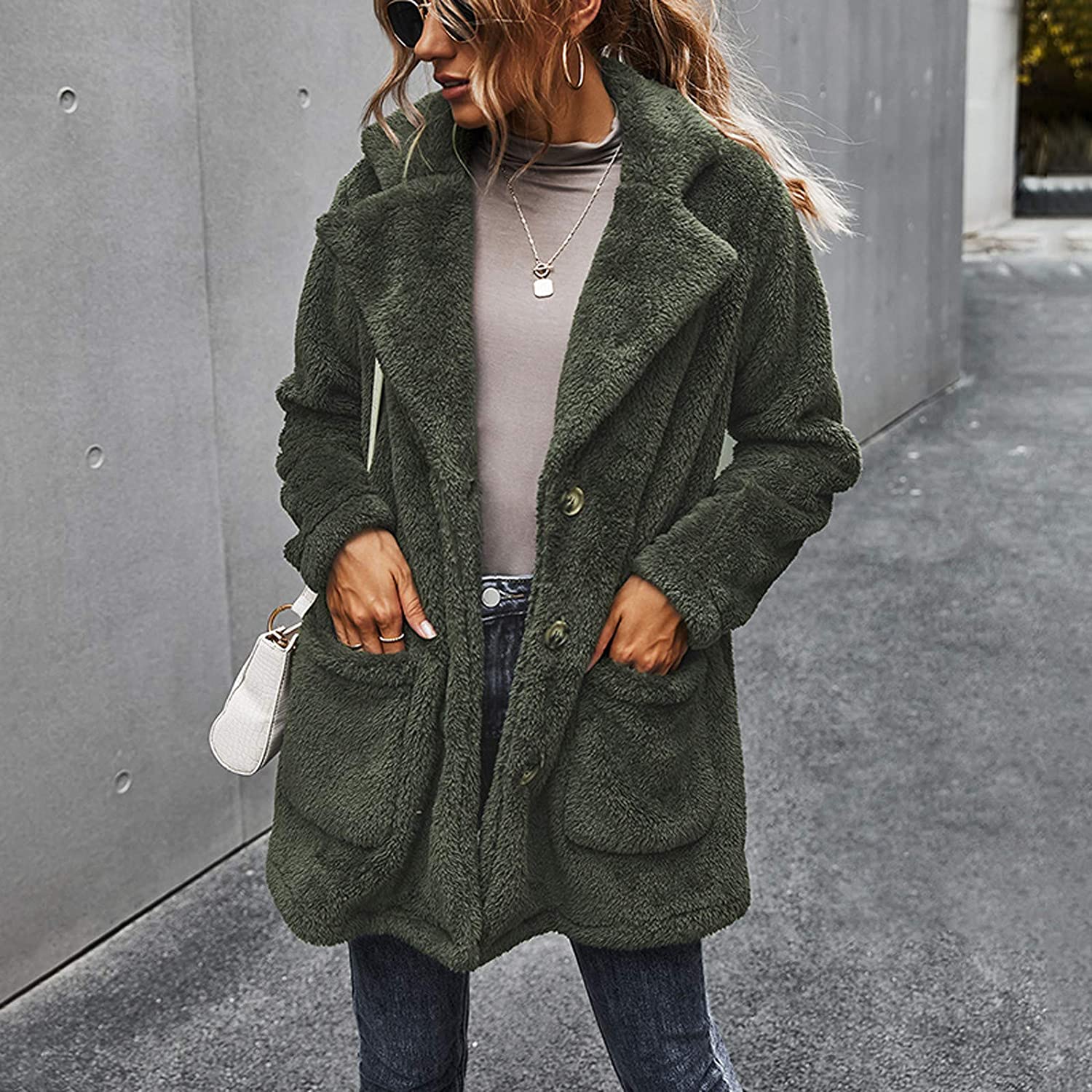 Dosoop Women Solid Color Fleece Long Sleeve Sweatshirt Fleece Pullover Outwear Cardigan Button Keep