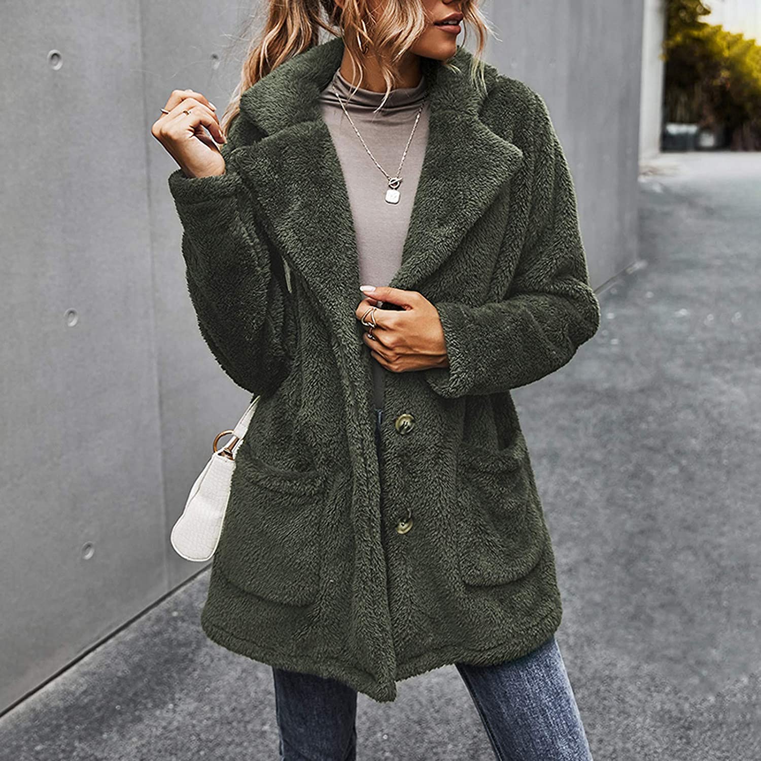 Dosoop Women Solid Color Fleece Long Sleeve Sweatshirt Fleece Pullover Outwear Cardigan Button Keep