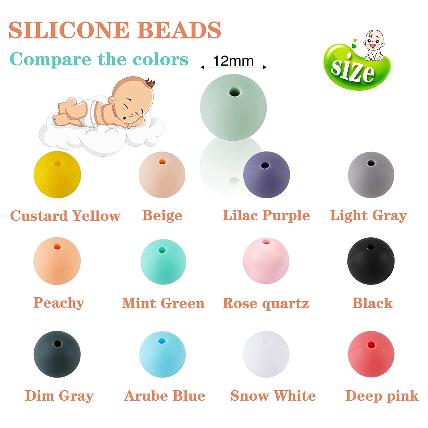 260 Pieces Silicone Beads,12 mm DIY Necklace Bracelet Jewelry Silicone Kit Round Loose Baby Chewing