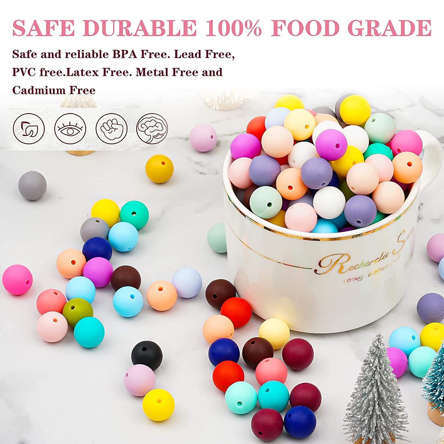 260 Pieces Silicone Beads,12 mm DIY Necklace Bracelet Jewelry Silicone Kit Round Loose Baby Chewing
