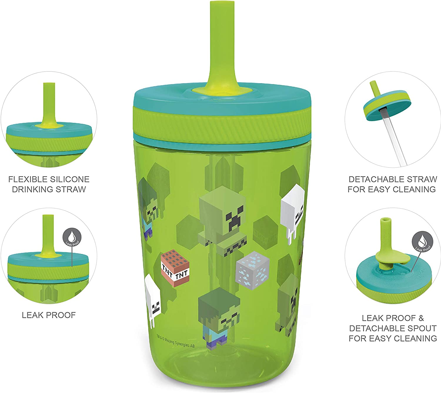 Zak Designs Minecraft Kelso Tumbler 2pc Set, Leak-Proof Screw-On Lid with Straw Made of Durable Plas
