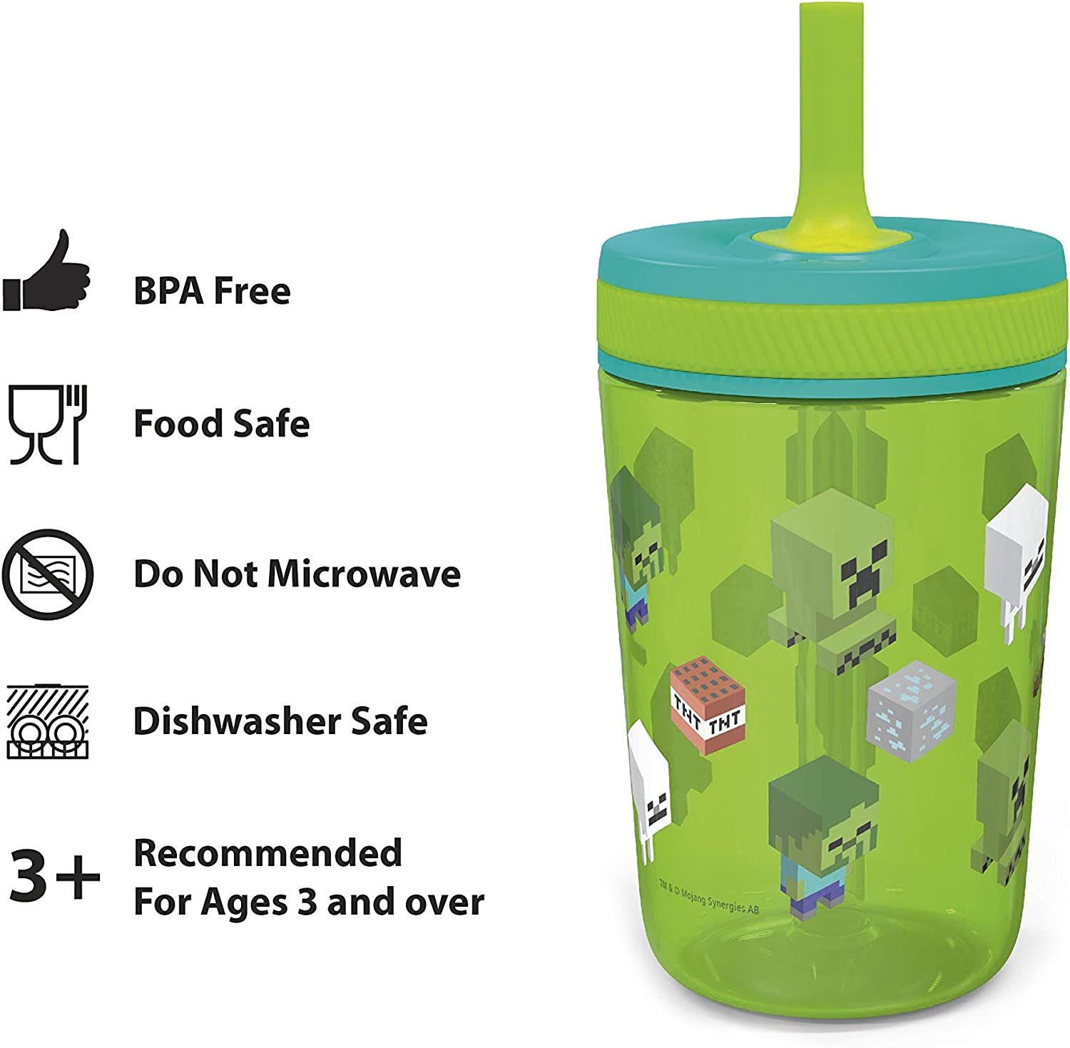 Zak Designs Minecraft Kelso Tumbler 2pc Set, Leak-Proof Screw-On Lid with Straw Made of Durable Plas